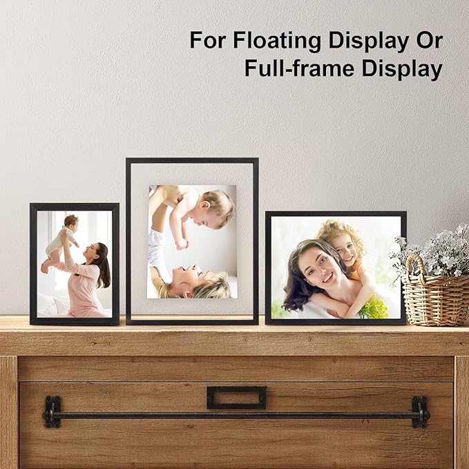 Egofine 8x10 Floating Frames Set of 2, Double Plexiglass Picture Frame, Made of Solid Wood Display Any Size Photo up to 8x10, Wall Mount or Tabletop Standing, Faded Black