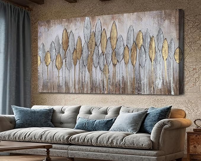 Acocifi Beige Neutral Wall Art Living Room, Large Abstract Gold Leaf Textured Painting, Modern Minimalist Picture Artwork Framed for Bedroom Dining Room Office Home Decor 48"x24"