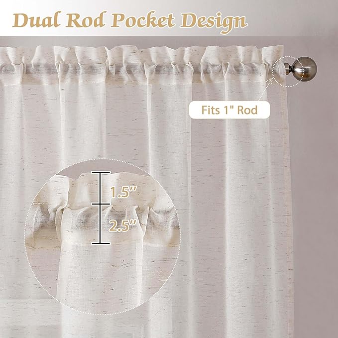 Lecloud Sheer Curtains 72 Inches Long 2 Panels Set, Linen Textured Natural Curtain Drapes for Living Room Bedroom, Farmhouse Gauzy Window Treatments with Dual Rod Pocket, Each Panel 42" W x 72" L