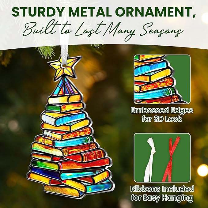 FLAGWIX Christmas Book Lovers Gifts for Women Men - Metal Christmas Ornaments 2025 for Tree Decorations - Reading Nerd Librarian Bookish Gifts for Book Lovers, Bookworm Gift for Friend Family