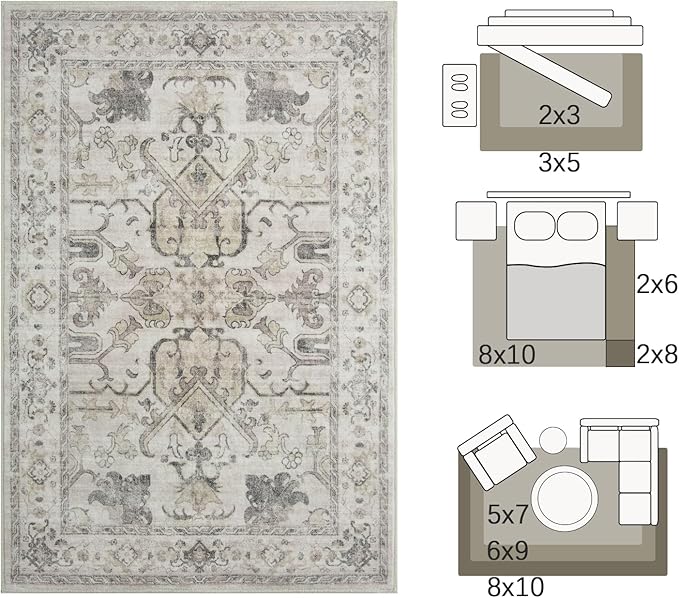 jinchan 6x9 Area Rugs for Living Room Washable Soft Throw Rug Ultra-Thin Stain Resistant Non-Slip Distressed Vintage Floral Large Carpet for Bedroom,Dining Room,Home Office,Nursery (6x9ft,Taupe)