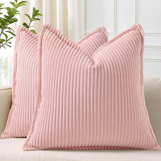decorUhome Corduroy Pink Throw Pillow Covers 26x26 Set of 2 Decorative Soft Boho Farmhouse Euro Couch Pillow Covers for Living Room Bed Sofa Broadside Striped Pillow Cases