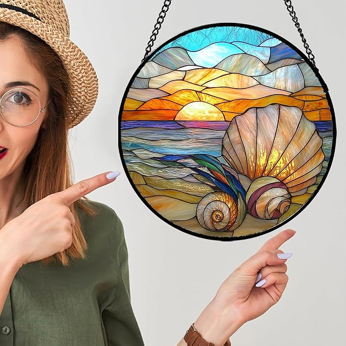 Stained Glass Window Hanging - Colorful Beach Shells Conch Sun Catcher for Door Home Decor Ocean Suncatcher Christmas Mother's Day Birthday Sea Lover Gifts for Women Men Mom Nana 15 in