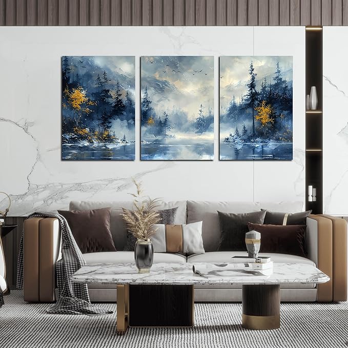 SIXTTART Tree Pictures Wall Decor Bedroom - Blue Wall Art for Living Room - Large 3 Piece Canvas Wall Art for Office Size 24" x 36"
