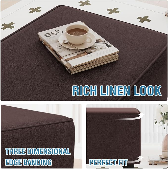 H.VERSAILTEX Thick Durable Linen Look Ottoman Cover Square Fit Length 36"-37" Footrest Folding Storage Stool Furniture Protector Soft Slipcover for Living Room with Elastic Bottom - Heather Chocolate