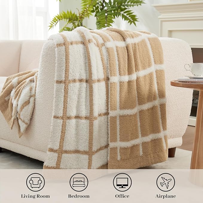 Amélie Home Cable Knit Throw Blanket for Couch, Bicolour Super Soft Fuzzy Blanket for Sofa, Luxury Cozy Fluffy Throw for Room Decor, 50" x 60", Plaid Beige