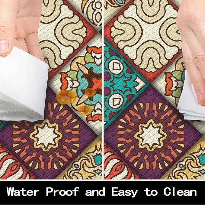 Boho Kitchen Rug Mats for Floor Cushioned Anti Fatigue Mexican Colorful Ceramic Tile Kitchen Rugs Sets of 2 Non Slip Waterproof Comfort Memory Foam Standing Floor Mat for Laundry Sink Desk