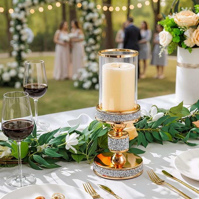 Pillar Candle Holder with Glass Wind Proof, Metal Hurricane Holders, Gold Crystal Candle Stand for Table Centerpieces, Home Decor, Wedding, Dining Table (S, 1PC, for Pillar Candles up to 3"x5")