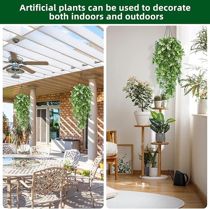 RECUTMS 2Pcs Fake Hanging Plants Artificial Hanging Flowers for Outdoor Decoration Faux White Flowers Artificial UV Resistant Plastic Greenery Vines Ivy for Outdoor Indoor Garden Party Decor（White）