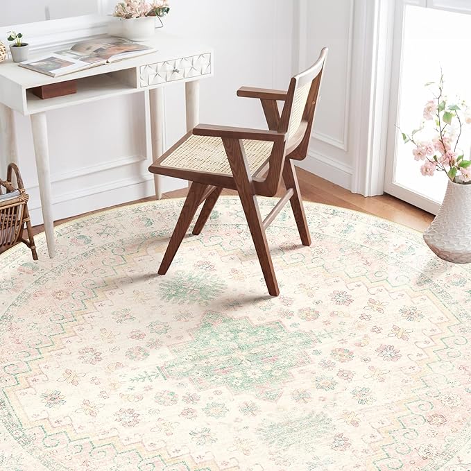 MUJOO Round Rugs 5ft,Circle Area Rug Washable,Circular Rugs for Living Room Dining Room,Boho Non Slip Throw Carpet Light Pink and Green