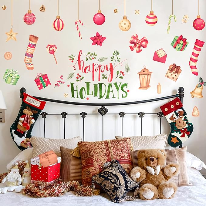 Happy Holiday Wall Stickers Christmas Window Stickers with Socks Candy Copper Bell Decals Removable Vinyl Wall Decals Window Xmas Self-Adhesive Holiday Home Decoration