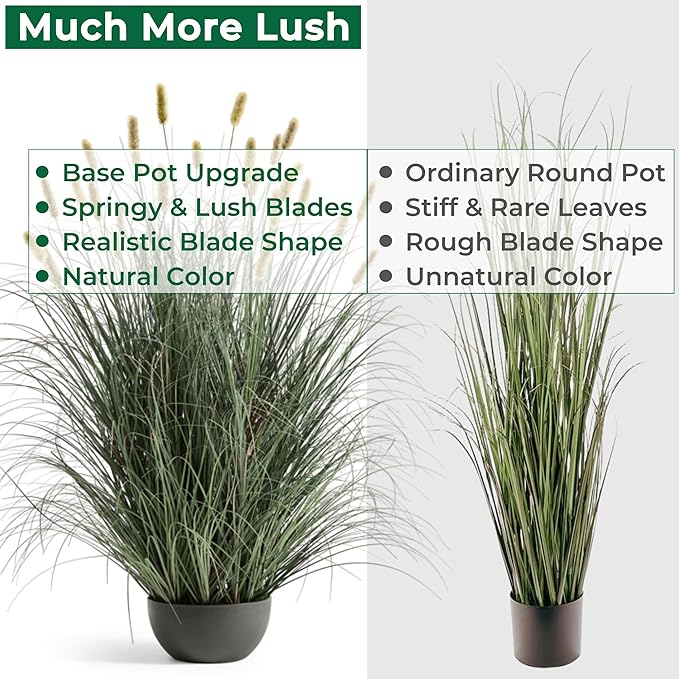 3ft Onion Grass, Extra Lush Artificial Plant and Greenery, Fake Floor Plants Indoor Outdoor, Potted Faux Green Bristlegrass with Yellow Spikes, Horsetail Reed Grass, House Decorative