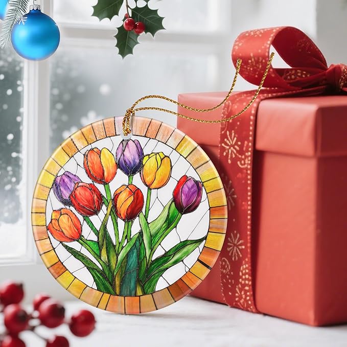Christmas Ornaments, Dodosky 2.8in Ceramic Tulips Flower Ornament, Xmas Decor, Christmas Tree Ornaments, Xmas Decorations for Tree, Holiday Ornament, Tulips Gifts, Gifts for Women, Mom, Flower Lovers