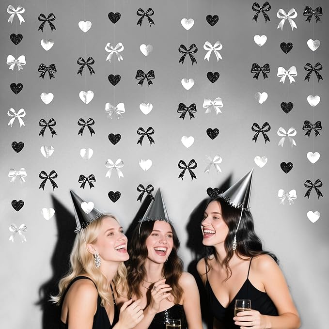 Bow Decorations Siver Black Metallic Glitter Paper Bow Heart Hanging Garland Streamer for Coquette Birthday Valentines Bachelorette Wedding Bridal Shower Anniversary Hen Party Decorations Supplies
