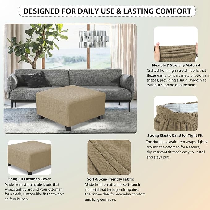 Square Ottoman Cover,Soft Stretch Jacquard Slipcover with Dual Waterproof Layers,Washable Furniture Protector for Pets,Medium,Khaki