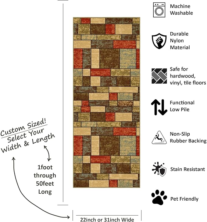 Custom Size Multicolor Stone Boxes Rubber Backed Non-Slip Hallway Stair Runner Rug Carpet 31 inch Wide Choose Your Length 31in X 30ft