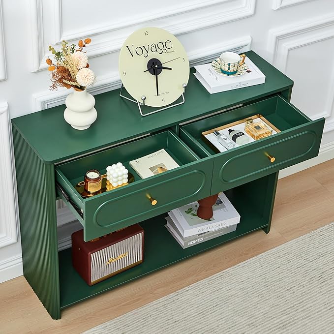 ORRD Fluted Console Table with Drawers, Mid-Century Narrow Entryway Table with Open Storage Shelves, Hallway Accent Tables Behind Couch Tables for Living Room (Green)