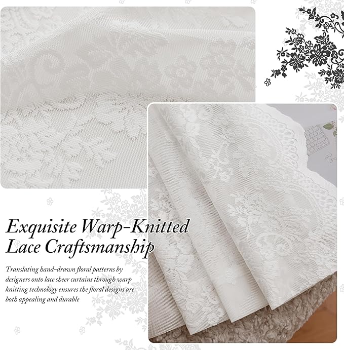 White Semi-Sheer Curtains – Vintage Floral Lace for Bedroom/Bathroom, Airy Light Filtering Rod Pocket Drapes, Privacy Elegant Chic Victorian Pattern Design, 52W x 72L Inch, 2-Panel Set