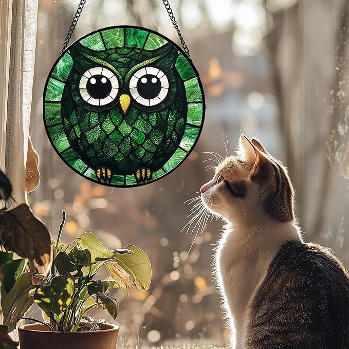 Stained Glass Window Hanging - Green Owl Suncatcher for Doors Garden Patio Funny Bird Sun Catchers Decor Christmas Mother's Day Birthday Teenager Gifts for Women Men Mom Nana Friend 11.8 in