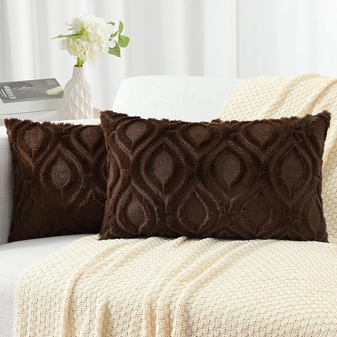 decorUhome Throw Pillow Covers 12x20 Inch Set of 2, Soft Plush Faux Wool Brown Solid Couch Pillow Covers, Accent Farmhouse Neutral Lumbar Pillow Cases for Sofa Bed Living Room