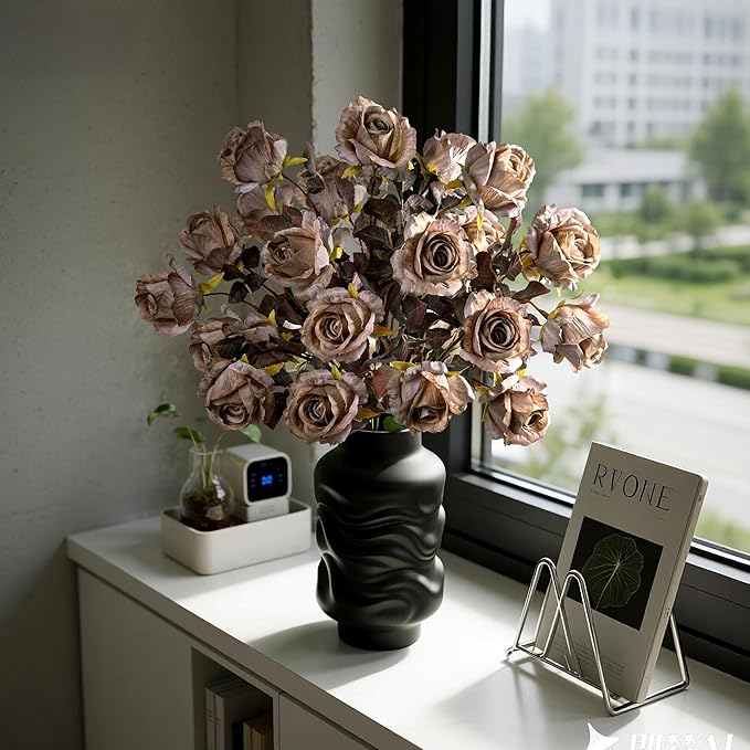 Artificial Flowers Artificial Roses Fake Roses 23.2In Long Stem Artificial Flowers for Tall Vase Silk Rose 20PCS Suitable for Indoor Decor Wedding Party Decoration DIY Bouquet Autumn (Brown)