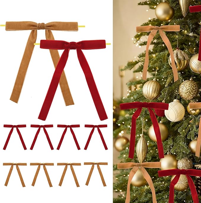30 Pcs Velvet Christmas Tree Bows Decorations, Vintage Velvet Ribbon Bows with Twist Tie for Wreath Garland Gift Wrapping Indoor Outdoor Decor(Red & Khaki)