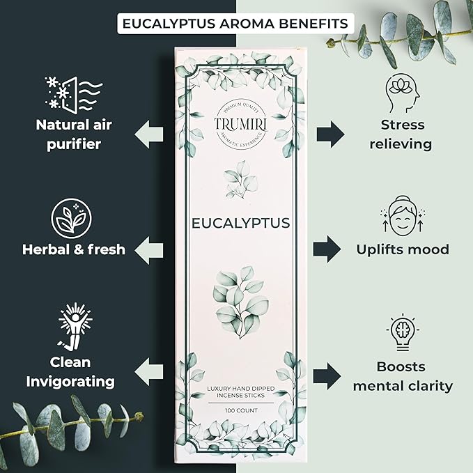 Eucalyptus Incense Sticks - Pack of 100 Insence-Sticks - Inciensos Aromaticos Made with Natural Essential Oil - Scented Insense Non Toxic Inscents