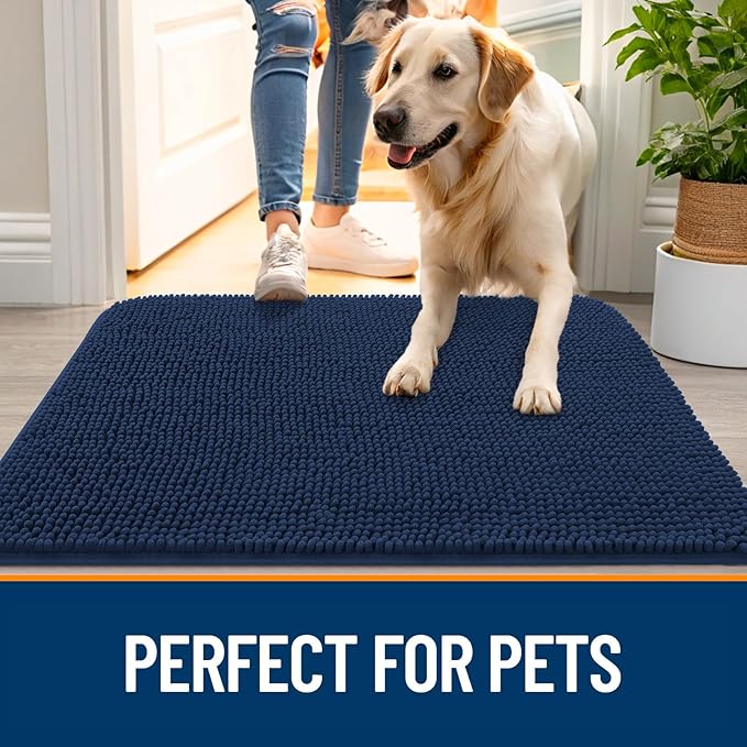 OLANLY Dog Door Mat for Muddy Paws 32x20, Absorbs Moisture and Dirt, Absorbent Non-Slip Washable Doormat, Quick Dry Chenille Mud Mat for Dogs, Entry Indoor Entryway Carpet for Inside Floor, Dark Blue