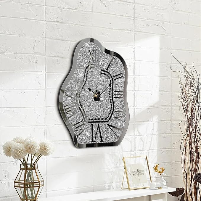 Modern Wall Clock for Living Room Decor Silver Crystal Crush Diamond Mirrored Clocks Irregular Mirror Clock Unique Wall Decorative for Bedroom Kitchen Dining Room