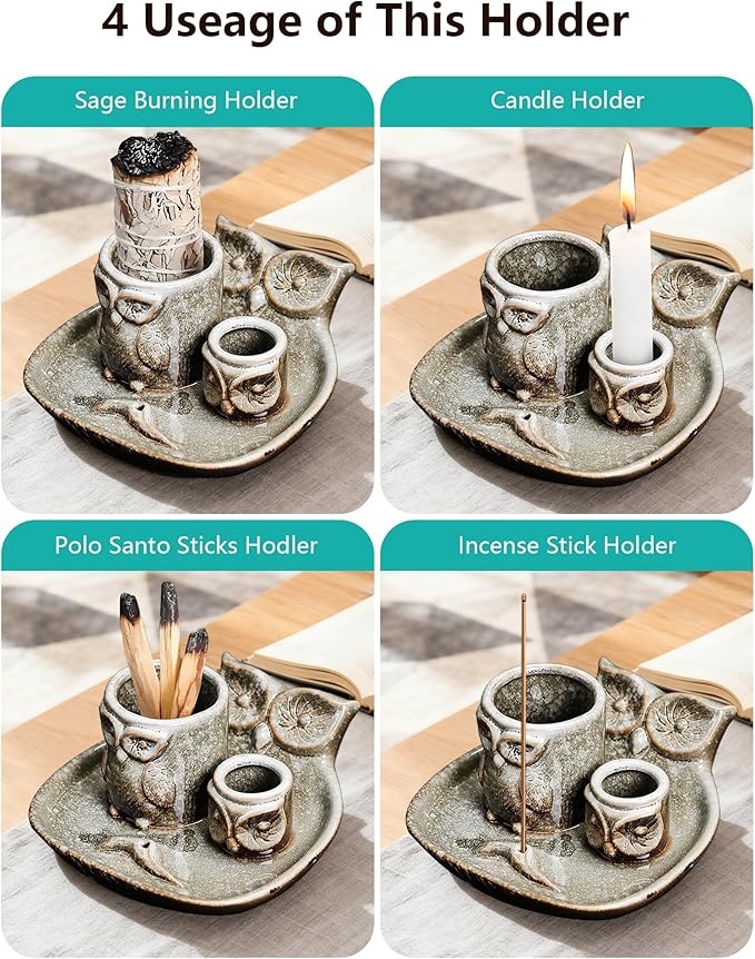 Comeon Palo Santo Holder, 4 in 1 Ceramic Owl Backflow Incense Burner Holder Candle Holder Sage Holder for Burning Bow(Grey)