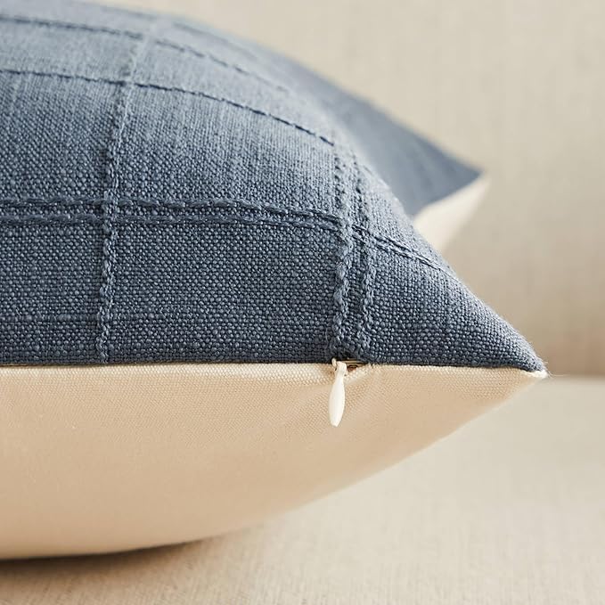 ZeeMart Linen Checked Throw Pillow Covers Set of 2, 20x20 Inch Navy/Cream, Farmhouse Decorative Single Sided Grid Embroidered Couch Pillow Cases Dark Blue Cotton Linen Cushion Covers
