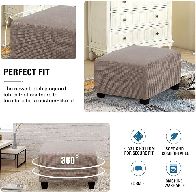 H.VERSAILTEX Square Ottoman Covers Ottoman Slipcovers Folding Storage Stool Furniture Protector Form Fit with Elastic Bottom, Stretch High Spandex Small Checks Jacquard Fabric(Medium,Taupe)