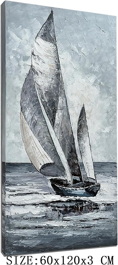 zoinart Hand Painted Large Sailboat Canvas Wall Art 24x48 Inches Abstract Modern Acrylic Oil Paintings Vertical Sailing Boat Framed Textured Wall Art Gray Artwork Contemporary Art