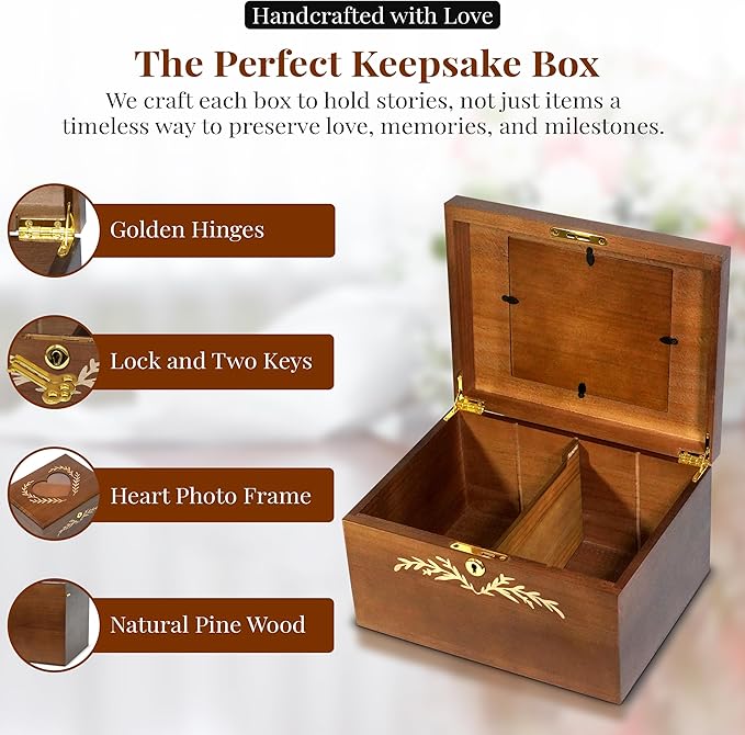 Wedding Keepsake Box With Lock, Large Memory Box for Keepsakes | Decorative Large Wooden Storage Box, with Heart frame Photo Keepsake Box, Baby Memory box | Wooden Gift Boxes-11×8.5×5in