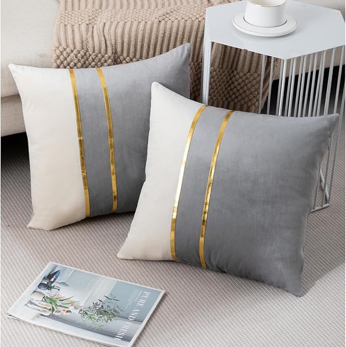 ZLINA Set of 2 Velvet Decorative Throw Pillow Covers Grey White Patchwork with Gold Leather Pillow Covers 24 × 24 Inch Cushion Covers Decor Living Room Sofa Bedroom Car