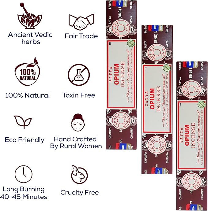 Satya Opium Incense Sticks, Satya Bng (Bangalore) Insenses 15gmx3 Pack with Raajsee Incense Holder Bundle, Satya Nagchampa Natural Incense