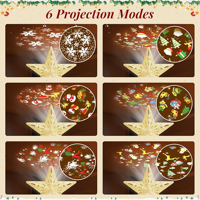 Christmas Tree Topper Lighted with 10M Warm String Lights, Keten Gold Star Tree Toppers Decoration with 3D Rotating Pattern Projector, Tree Top for Indoor Outdoor Xmas Party Holiday(Gold)