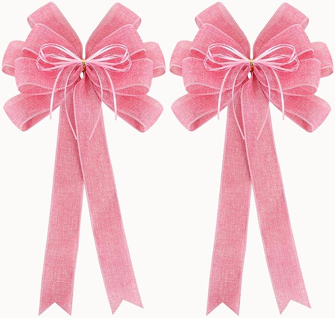 2 Pack Pink Christmas Tree Bows 12x20inch Large Burlap Wreath Bow with Glitter String for Christmas Tree Topper,Home Front Door Decor,Easter Bow, Valentines and Party Decor
