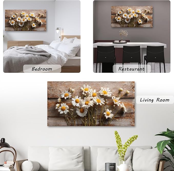 KZKU Rustic Daisy Canvas Wall Art-Large Farmhouse Floral Print- White Flowers on Weathered Wood Background- Modern Decor for Living Room Bedroom 24X48in