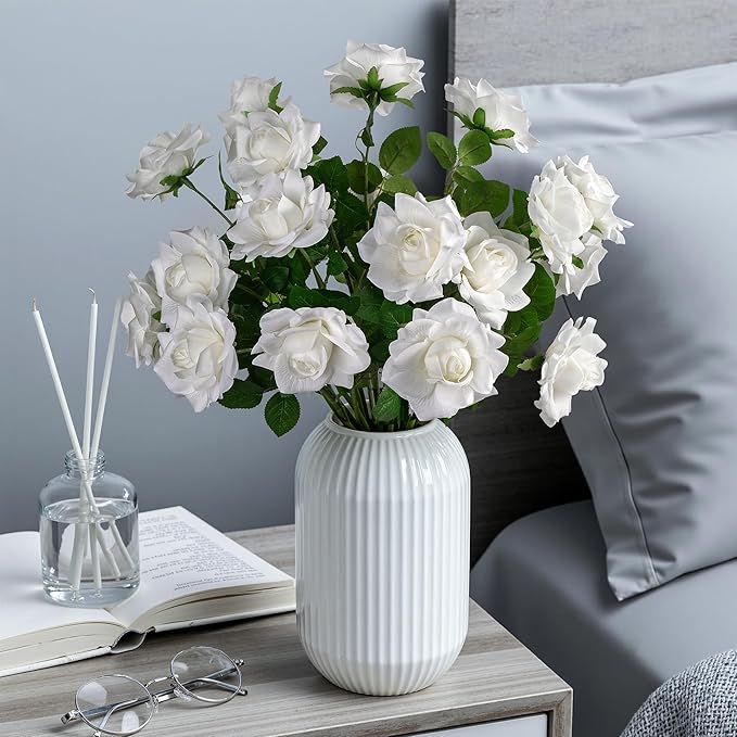Artificial Flowers Artificial Roses Fake Roses 23.2In Long Stem Artificial Flowers for Tall Vase Silk Rose 20PCS Suitable for Indoor Decor Wedding Party Decoration DIY Bouquet Spring,White