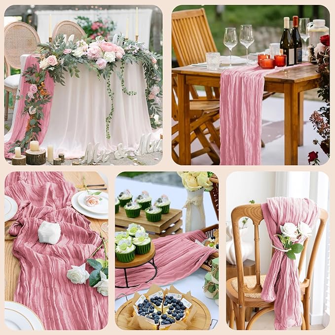 12PCS Table Runner Cheesecloth 10FT Pink Boho Gauze Cheese Cloth Rustic Sheer Table Runners for Wedding Birthday Bridal Baby Shower Party Decoration