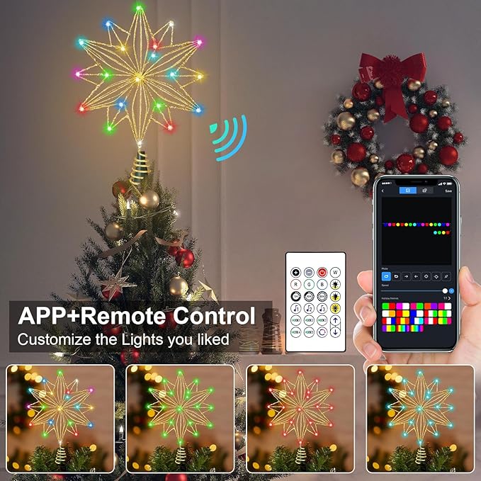 Christmas Tree Star Topper, RGB 8In Glittered Star Tree Topper Light with 20 LED Lights, Hollow Designed with USB Plug for Indoor New Year Holiday Tree Decoration