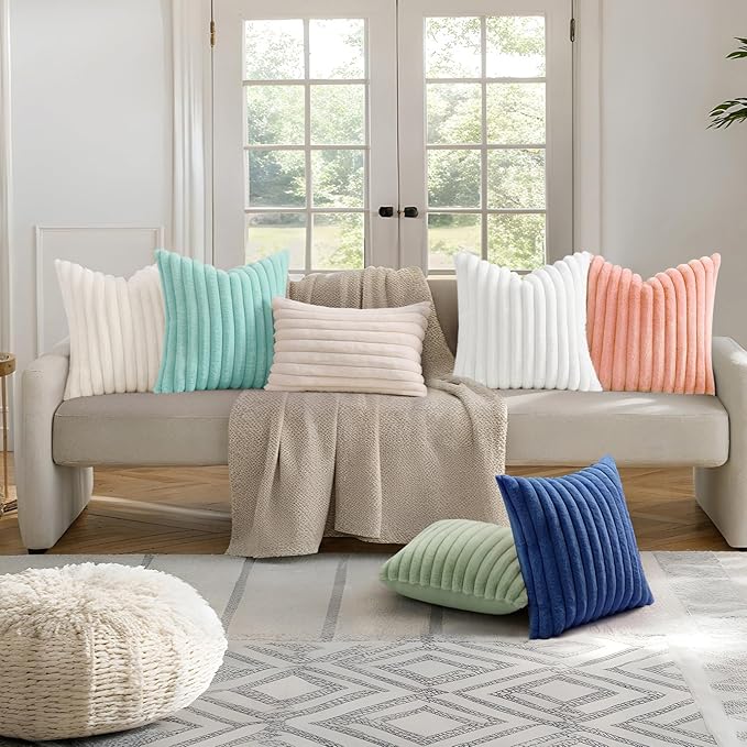 decorUhome Faux Fur Christmas Throw Pillow Covers 22x22 Set of 2, Decorative Soft Plush Striped Neutral Couch Euro Pillow Covers with Velvet Back for Sofa, Bed, Living Room Home Decor, Blush Pink