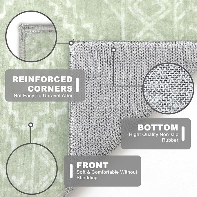 KILOCOCO Boho Kitchen Runner Rug 2x6 Washable Soft Runners for Hallways Non Slip Printed Distressed Laundry Room Rugs, Low-Pile Rugs for Entryway/Bedroom/Living Room, Grey Green