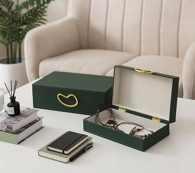 Soul & Lane Faux Leather Decorative Boxes with Lids for Home Decor, Set of 2 Stacking Hinged Boxes for Coffee Table and Living Room Shelves, Nesting Remote Control Holder, Forest Green