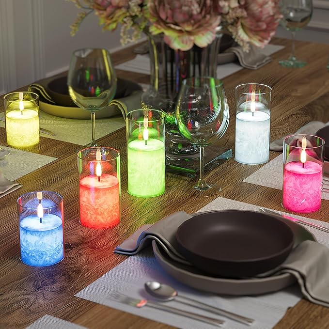 12Colors Ice Crystal Real Wax Glass Flameless Candles with Remote & Timer, Battery Operated Candles with Warm Flickering Flame, Realistic LED Candle for Wedding Home Decor [D3×H4/5"/6"] 3Pack