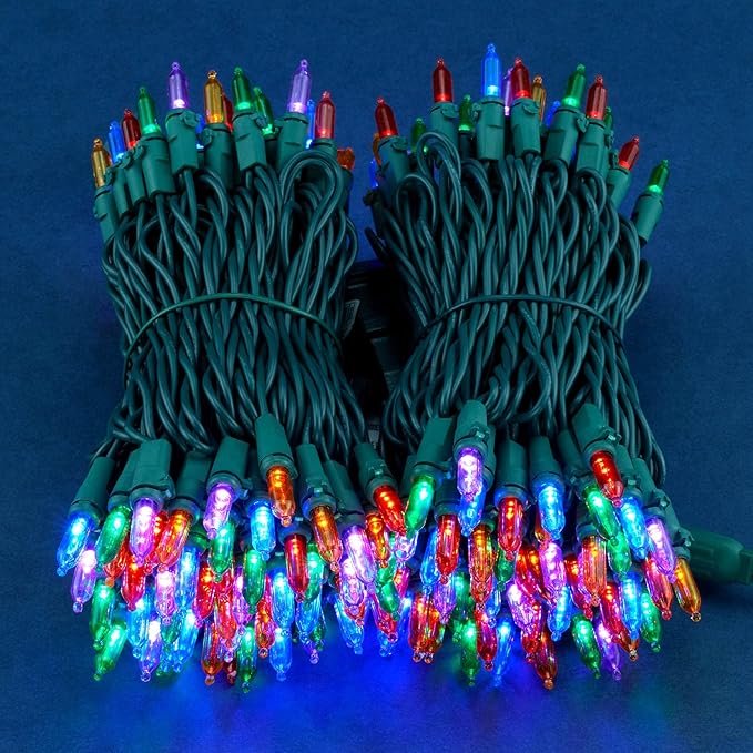 Multicolor LED Christmas Lights 200 Count, Pack of 2 Sets 25 ft 100 LED Green Wire Mini String Lights Set (Multicolor)
