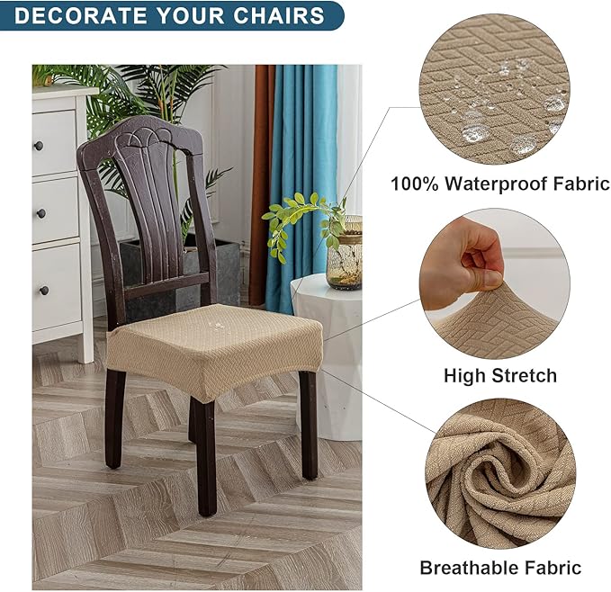 Genina Waterproof Seat Covers for Dining Room Chair Covers Waterproof Dining Chair Covers (4 PCS-Rear-gapped, Khaki)