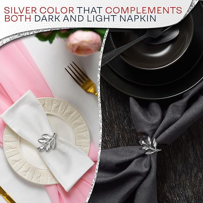 Set of 20 Silver Valentine Napkin Rings - Decorative Silver Napkin Rings Set | Napkin Ring Holders with Elegant Leaf Design for Weddings, Parties & Special Occasions, Romantic Valentine Table Decor
