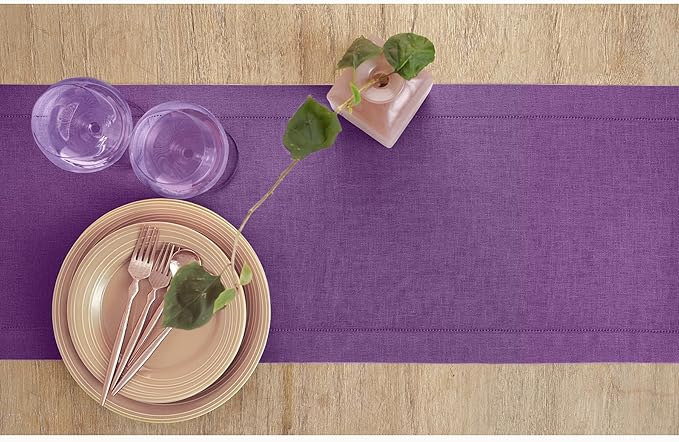 Solino Home Linen Purple Table Runner 72 Inches Long - 100% Pure Linen Hemstitch Table Runner 14 x 72 Inch for Dresser, Dining, Spring, Easter, Valentines - Classic Hemstitch